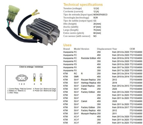 DZE REGULATOR NAPIĘCIA HUSQVARNA FC/FS/FX 250/350/450 '14-'20; KTM SX-F 250/350/450 '11-'20; XC-F 250/350/450 '11-'20 (OEM 77211
