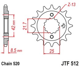 JT ZĘBATKA PRZEDNIA 525 13 KAWASAKI ZXR 400, KLE 500 '91-'96 (-1), GPZ 500S (-1) (52513JT) (ŁAŃC. 520)