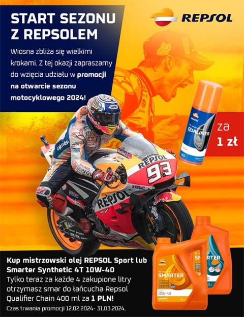 PROMOCJA REPSOL OLEJ SILNIKOWY 4T SMARTER SPORT 10W40 4L MA2 PÓŁSYNTETYCZNY + REPSOL SMAR DO ŁAŃCUCHA QUALIFIER CHAIN 400ML - 1S