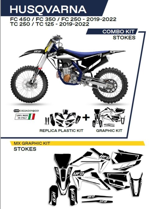 UFO KOMPLET PLASTIKÓW HUKIT622001 PLUS KOMPLET NAKLEJEK (OKLEIN) HUSQVARNA TC 125/250 '19-'22; FC 250/350/450 '19-'22 W ZESTAWIE