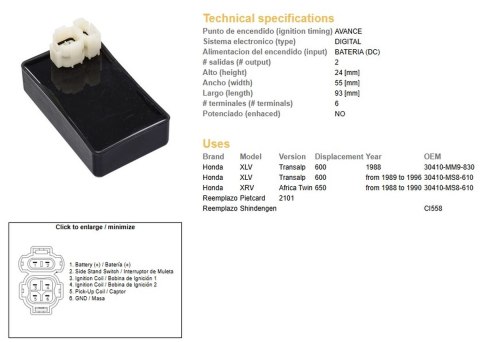 DZE MODUŁ ZAPŁONU CDI HONDA XL 600V TRANSALP '89-'99; XRV 650 AFRICA TWIN '88-'00 (30410-MS8-610)