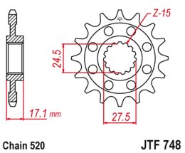 JT ZĘBATKA PRZEDNIA 2250 15 Z GUMĄ DUCATI 899 PANIGALE '14-'15, 959 PANIGALE '16-'19, (1199 PANIGALE '12-'17 KONWERSJA NA ŁAŃC. 