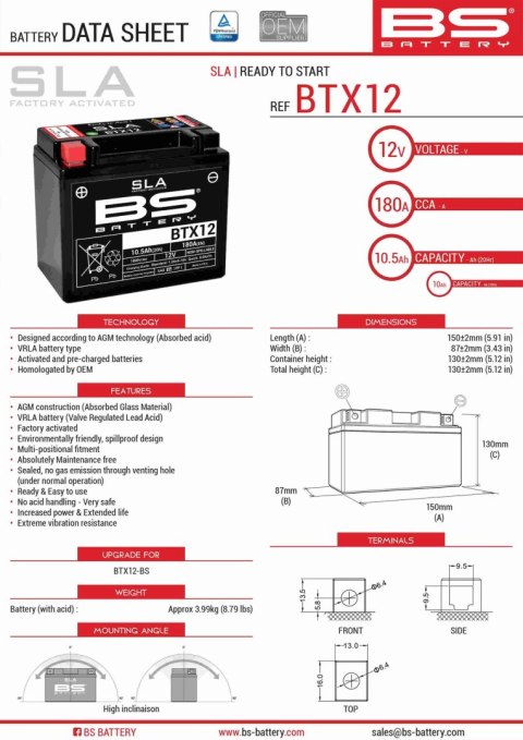 BS AKUMULATOR BTX12 (FA) (YTX12-BS) 12V 10AH 152X88X131 BEZOBSŁUGOWY - ZALANY (180A) (4) BS AKUMULATOR BTX12 (FA) (YTX12-BS) 12V 10AH 152X88X131 BEZOBSŁUGOWY - ZALANY (180A) (4)
