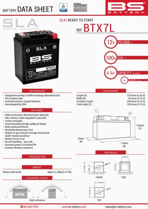 BS AKUMULATOR BTX7L (FA) (YTX7L-BS) 12V 6AH 113X70X130 BEZOBSŁUGOWY - ZALANY (100A) WZMOCNIONY (8) BS AKUMULATOR BTX7L (FA) (YTX7L-BS) 12V 6AH 113X70X130 BEZOBSŁUGOWY - ZALANY (100A) WZMOCNIONY (8)