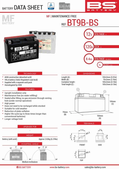 BS AKUMULATOR BT9B-BS (YT9B-BS) 12V 8AH 150X70X105 BEZOBSŁUGOWY - ELEKTROLIT OSOBNO (120A) (6) UE2019/1148 BS AKUMULATOR BT9B-BS (YT9B-BS) 12V 8AH 150X70X105 BEZOBSŁUGOWY - ELEKTROLIT OSOBNO (120A) (6) UE2019/1148