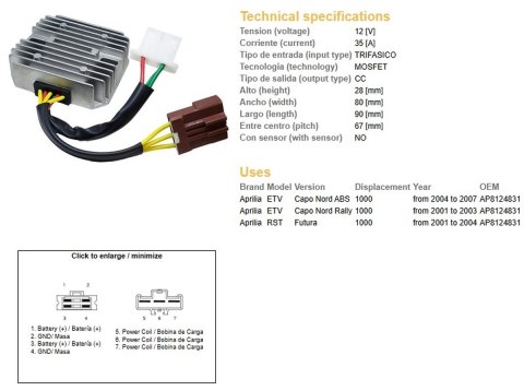 DZE REGULATOR NAPIĘCIA APRILIA ETV 1000 CAPO NORD '01-'07; RST 1000 FUTURA '01-'04 (OEM AP8124831) MOSFET (35A) DZE REGULATOR NAPIĘCIA APRILIA ETV 1000 CAPO NORD '01-'07; RST 1000 FUTURA '01-'04 (OEM AP8124831) MOSFET (35A)