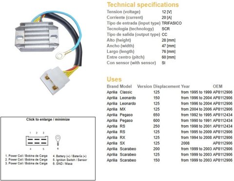 DZE REGULATOR NAPIĘCIA APRILIA PEGASO 600/650 '90-'95; RS 125/250 '95-'09; RX 125 '94-'08; LEONARDO; SCARABEO (ESR087) DZE REGULATOR NAPIĘCIA APRILIA PEGASO 600/650 '90-'95; RS 125/250 '95-'09; RX 125 '94-'08; LEONARDO; SCARABEO (ESR087)