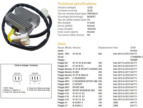 DZE REGULATOR NAPIĘCIA APRILIA SRV 850 '12-'13; PIAGGIO BEVERLY 300 '16-'17; BEVERLY 350 '17-'18; MP3 500 '14-'18; X10 '12-'15; DZE REGULATOR NAPIĘCIA APRILIA SRV 850 '12-'13; PIAGGIO BEVERLY 300 '16-'17; BEVERLY 350 '17-'18; MP3 500 '14-'18; X10 '12-'15;
