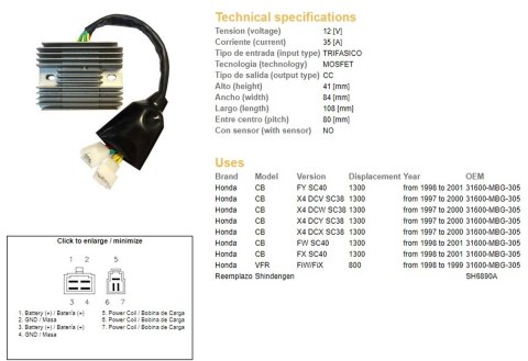 DZE REGULATOR NAPIĘCIA HONDA CB 1300 '97-'01; VFR 800 '98-'99 (SC38, SC40), VFR800 98-99 (31600-MBG-305) (SH6890A) DZE REGULATOR NAPIĘCIA HONDA CB 1300 '97-'01; VFR 800 '98-'99 (SC38, SC40), VFR800 98-99 (31600-MBG-305) (SH6890A)