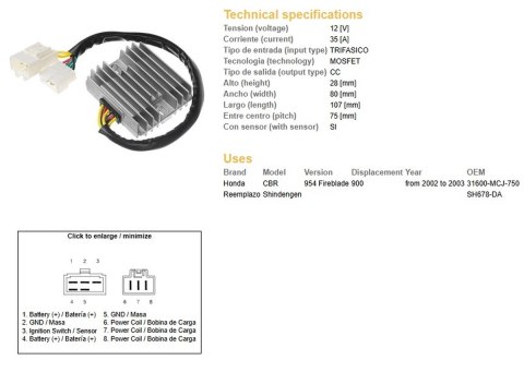 DZE REGULATOR NAPIĘCIA HONDA CBR 900RR '02-'03 (CBR954) (ESR690) (31600-MCJ-750) (SH678DA) (35A)