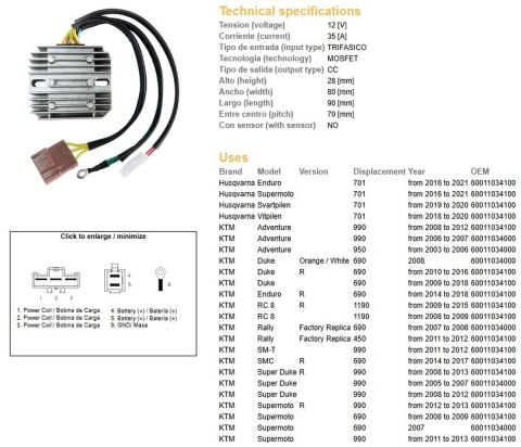 DZE REGULATOR NAPIĘCIA HUSQVARNA 701 '16-'21; KTM ADV 950/990 '03-'12; DUKE 690 '08-'18; SUPER DUKE 990 '08-'13; SM 690 '07-'09 DZE REGULATOR NAPIĘCIA HUSQVARNA 701 '16-'21; KTM ADV 950/990 '03-'12; DUKE 690 '08-'18; SUPER DUKE 990 '08-'13; SM 690 '07-'09