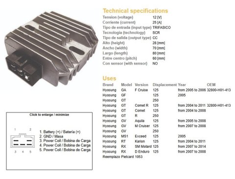 DZE REGULATOR NAPIĘCIA HYOSUNG GA/GF/GT/GV/RX 125 '04-'11 (32800-H01-413) (12V/25A)
