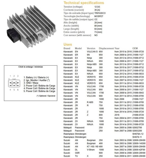 DZE REGULATOR NAPIĘCIA KAWASAKI EX 300/650 NINJA '06-'17; KLE 650 VERSYS '07-'16; VN 900/1700 '06-'19; ZR 750/800/1000 '04-'16; DZE REGULATOR NAPIĘCIA KAWASAKI EX 300/650 NINJA '06-'17; KLE 650 VERSYS '07-'16; VN 900/1700 '06-'19; ZR 750/800/1000 '04-'16;