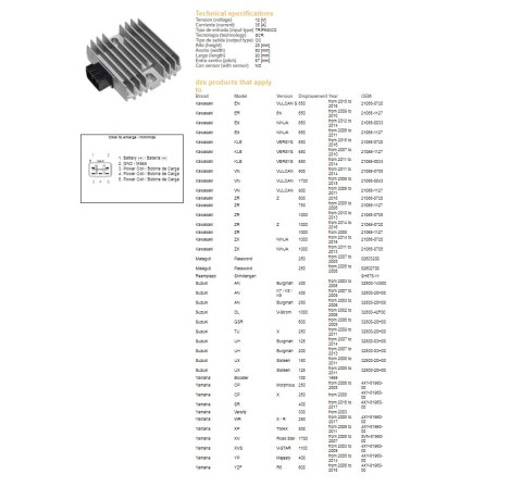 DZE REGULATOR NAPIĘCIA KAWASAKI EX 300/650 NINJA '06-'17; KLE 650 VERSYS '07-'16; VN 900/1700 '06-'19; ZR 750/800/1000 '04-'16; DZE REGULATOR NAPIĘCIA KAWASAKI EX 300/650 NINJA '06-'17; KLE 650 VERSYS '07-'16; VN 900/1700 '06-'19; ZR 750/800/1000 '04-'16;
