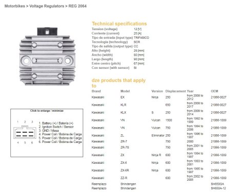 DZE REGULATOR NAPIĘCIA KAWASAKI VN 750 '94-'06; VN 1500 '96-'99; ZX 6 '93-'01; ZX-6R '95-'97; ZR-7 (RGU-404,ESR260) (21066-1089, DZE REGULATOR NAPIĘCIA KAWASAKI VN 750 '94-'06; VN 1500 '96-'99; ZX 6 '93-'01; ZX-6R '95-'97; ZR-7 (RGU-404,ESR260) (21066-1089,