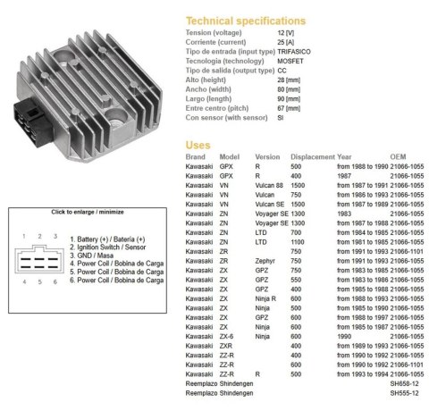 DZE REGULATOR NAPIĘCIA KAWASAKI VN 750/1500; ZN 700/1100; ZR 750 '91-'93; ZX 400/550/600; ZZ-R 400/500/600 (RGU-403, ESR260) (21 DZE REGULATOR NAPIĘCIA KAWASAKI VN 750/1500; ZN 700/1100; ZR 750 '91-'93; ZX 400/550/600; ZZ-R 400/500/600 (RGU-403, ESR260) (21