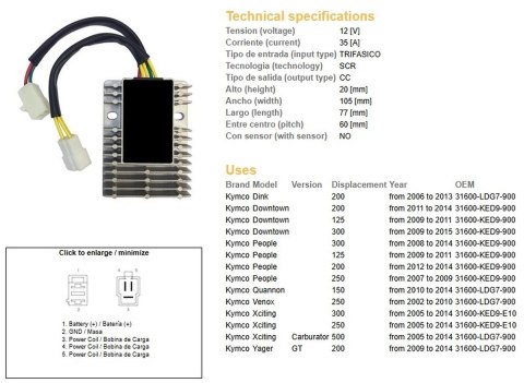 DZE REGULATOR NAPIĘCIA KYMCO XCTING 250/500 '06-'11; DINK 200 '06-'13; PEOPLE 125/200/250 '07-'14 (ESR921)