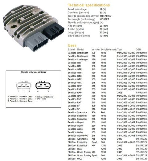 DZE REGULATOR NAPIĘCIA SEA DOO CHALLENGER/GTI/RXP/WAKE 1500 '08-'12; GRAND TOURING 600/1200 '11-'13 (OEM 710001103) (50A) DZE REGULATOR NAPIĘCIA SEA DOO CHALLENGER/GTI/RXP/WAKE 1500 '08-'12; GRAND TOURING 600/1200 '11-'13 (OEM 710001103) (50A)