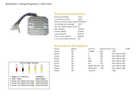 DZE REGULATOR NAPIĘCIA SUZUKI GS 450L '84-'88; GS 700E '85-'86; GS 750ES/EF/ESD '83-'85; GS 1100ES/EF '84-'86; GR 650 TEMPTER '8 DZE REGULATOR NAPIĘCIA SUZUKI GS 450L '84-'88; GS 700E '85-'86; GS 750ES/EF/ESD '83-'85; GS 1100ES/EF '84-'86; GR 650 TEMPTER '8