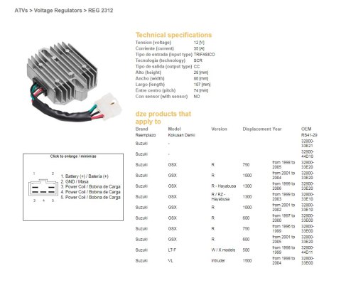 DZE REGULATOR NAPIĘCIA SUZUKI GSX 600R '01-'05; GSX 750R '96-'05; GSX 1000R '01-'04; GSX 1300R HAYABUSA '97-'03; VL 1500 INTRUDE DZE REGULATOR NAPIĘCIA SUZUKI GSX 600R '01-'05; GSX 750R '96-'05; GSX 1000R '01-'04; GSX 1300R HAYABUSA '97-'03; VL 1500 INTRUDE