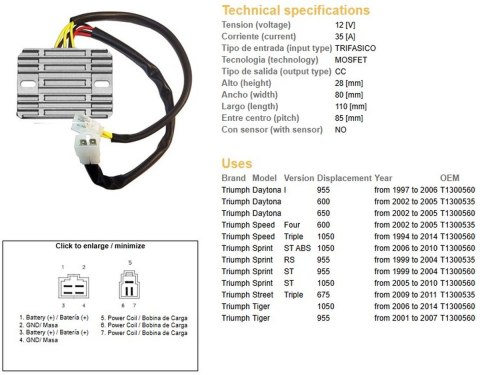 DZE REGULATOR NAPIĘCIA TRIUMPH DAYTONA 600/650 '02-'05; DAYTONA 955I '97-'06; SPRINT 955RS/ST '99-'04; SPRINT 1050 '06-'14; STRE DZE REGULATOR NAPIĘCIA TRIUMPH DAYTONA 600/650 '02-'05; DAYTONA 955I '97-'06; SPRINT 955RS/ST '99-'04; SPRINT 1050 '06-'14; STRE