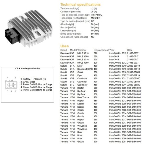 DZE REGULATOR NAPIĘCIA YAMAHA YFM 125/250/350/400/450/600/660 (RAPROR;BIG BEAR; KODIAK;GRIZZLY; BRUIN); SUZUKI LTZ400 QUADRACER;