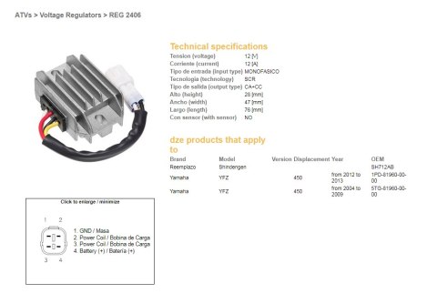 DZE REGULATOR NAPIĘCIA YAMAHA YFZ 450 '04-'09; YFZ 450 '12-'13 (SH712AB) (5TG-81960-00-00) (1PD-81960-00-00) (12A) DZE REGULATOR NAPIĘCIA YAMAHA YFZ 450 '04-'09; YFZ 450 '12-'13 (SH712AB) (5TG-81960-00-00) (1PD-81960-00-00) (12A)