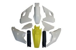 POLISPORT KOMPLET PLASTIKÓW (FULL KIT) HUSQVARNA TE/FE TPI '24-'25 W ZESTAWIE OSŁONY AMORTYZATORÓW KOLOR OEM BIAŁY ŻÓŁTY NIEBIES