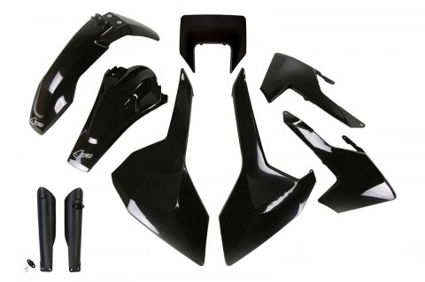 UFO KOMPLET PLASTIKÓW (FULL KIT) Z OSŁONAMI TELESKOPÓW (AMORTYZATORÓW) HUSQVARNA TX/TE/FE '17-'19 Z OSŁONĄ LAMPY KOLOR CZARNY (H