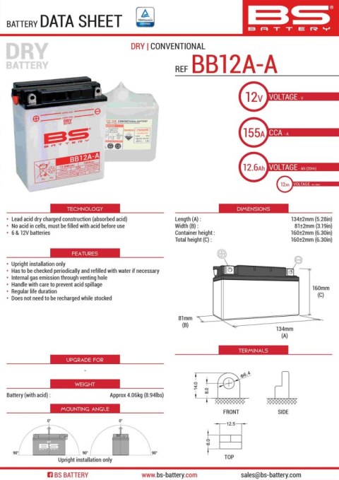 BS AKUMULATOR BB12A-A (YB12A-A) 12V 12AH 134X81X160 OBSŁUGOWY - ELEKTROLIT OSOBNO (155A) (4) UE2019/1148 BS AKUMULATOR BB12A-A (YB12A-A) 12V 12AH 134X81X160 OBSŁUGOWY - ELEKTROLIT OSOBNO (155A) (4) UE2019/1148