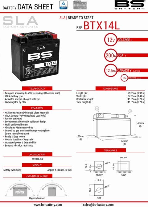 BS AKUMULATOR BTX14L (FA) (YTX14L-BS) 12V 12AH 150X87X145 BEZOBSŁUGOWY - ZALANY (200A) (4) BS AKUMULATOR BTX14L (FA) (YTX14L-BS) 12V 12AH 150X87X145 BEZOBSŁUGOWY - ZALANY (200A) (4)
