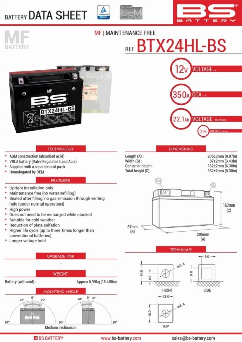 BS AKUMULATOR BTX24HL-BS (YTX24HL-BS) 12V 21AH 205X87X162 BEZOBSŁUGOWY - ELEKTROLIT OSOBNO (350A) (2) UE2019/1148 BS AKUMULATOR BTX24HL-BS (YTX24HL-BS) 12V 21AH 205X87X162 BEZOBSŁUGOWY - ELEKTROLIT OSOBNO (350A) (2) UE2019/1148