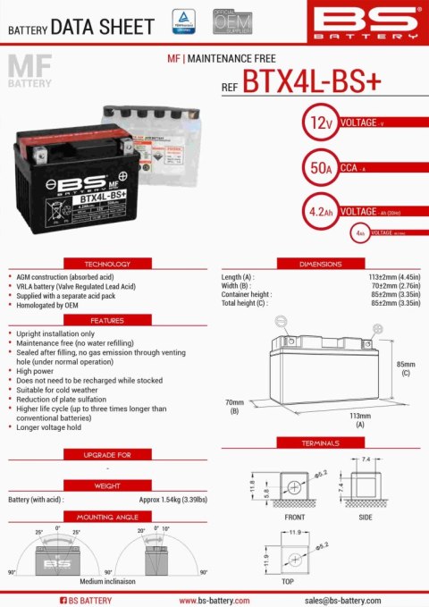 BS AKUMULATOR BTX4L-BS+ (YTX4L-BS) 12V 4AH 113X70X85 BEZOBSŁUGOWY - ELEKTROLIT OSOBNO (50A) (ZWIĘKSZONA POJEMNOŚĆ) (8) UE2019/11 BS AKUMULATOR BTX4L-BS+ (YTX4L-BS) 12V 4AH 113X70X85 BEZOBSŁUGOWY - ELEKTROLIT OSOBNO (50A) (ZWIĘKSZONA POJEMNOŚĆ) (8) UE2019/11