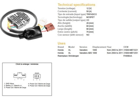 DZE REGULATOR NAPIĘCIA HONDA XL1000V VARADERO '03-'11 (31600-MBT-D21) MOSFET (50A) (FH008AA)