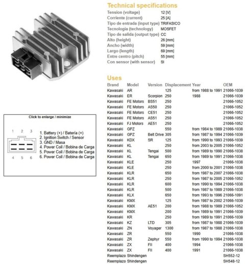 DZE REGULATOR NAPIĘCIA KAWASAKI KDX 125 '90-'93; KLE 250; KL 500/650 '89-'91; KMX 125/200 '87-'02; KLX 650 '93-'96 (ESR246) (208 DZE REGULATOR NAPIĘCIA KAWASAKI KDX 125 '90-'93; KLE 250; KL 500/650 '89-'91; KMX 125/200 '87-'02; KLX 650 '93-'96 (ESR246) (208