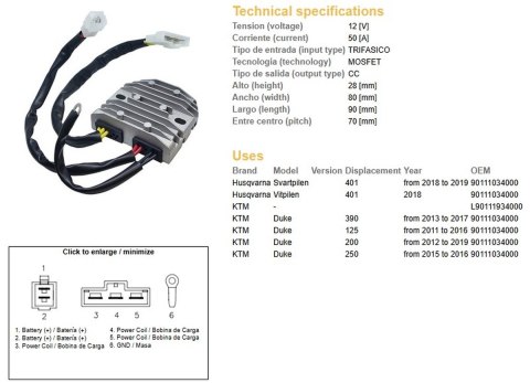 DZE REGULATOR NAPIĘCIA KTM DUKE 125 '11-'16; DUKE 200 '12-'19; DUKE 250 '15-16, DUKE 390 '13-'17; HUSQVARNA 401 '18-'19 (OEM 901 DZE REGULATOR NAPIĘCIA KTM DUKE 125 '11-'16; DUKE 200 '12-'19; DUKE 250 '15-16, DUKE 390 '13-'17; HUSQVARNA 401 '18-'19 (OEM 901