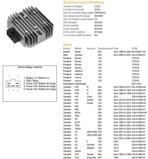 DZE REGULATOR NAPIĘCIA YAMAHA FZ6 '09-'17; FZR 600R '95-'99; SRX 700 '00-'02; TDM 850 '96-'01; TMAX 500 '00-'03; VT 700 VENTURE 