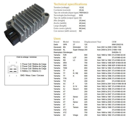 DZE REGULATOR NAPIĘCIA YAMAHA XT 225 SEROW '98-'03; XT 250 '08-'12; XT 600E/K '91-'02; XT 600Z TENERE '86-'89; XTZ 750 SUPER TEN