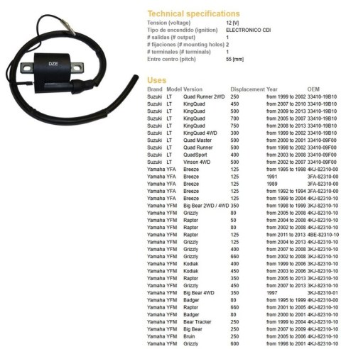 DZE CEWKA ZAPŁONOWA SUZUKI DRZ 400 '00-'12, KING QUAD 700/750 '05-'13, YAMAHA GRIZZLY/RAPTOR/KODIAK 350/400/450/600/660