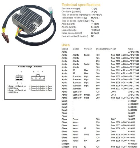 DZE REGULATOR NAPIECIA APRILIA ATLANTIC/SCARABEO 125/250/400/500 '05-'08; PIAGGIO MP3/X7/X8/X9 '05-'11 (OEM AP8127809) (OEM 5808