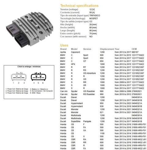 DZE REGULATOR NAPIĘCIA APRILIA; BMW; CAN AM; DUCATI; HONDA; KAWASAKI; SUZUKI; TRIUMPH; YAMAHA (50A)