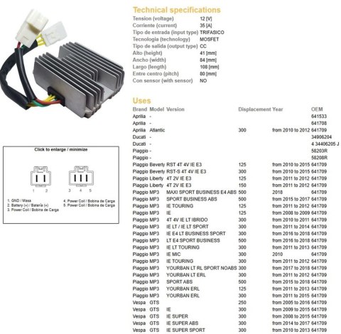 DZE REGULATOR NAPIĘCIA APRILIA MP3 125/300/500 '08-'18; LIBERTY 125/150 '11-'12; BEVERLY 125/300 '10-'15; VESPA GTS 125/250/300 