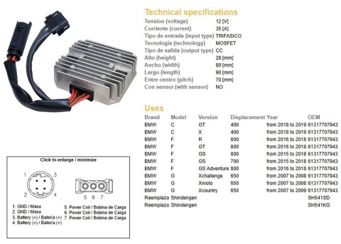 DZE REGULATOR NAPIĘCIA BMW C 400GT/X '18-'19; G 650 '07-'09; F 700GS '15-'18; F 800GS ADVENTURE '16-'18; F 800GT/GS/R '15-'18 (O