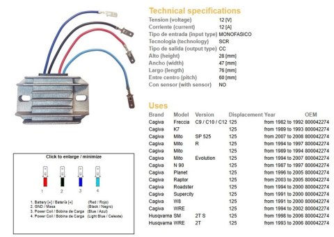 DZE REGULATOR NAPIĘCIA CAGIVA 125 MITO/PLANET/RAPTOR '89-'07; HUSQVARNA WRE 125 '93-'06; SM 125 '93-'06 (OEM-800042274)