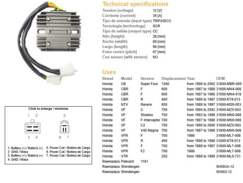 DZE REGULATOR NAPIĘCIA HONDA CBR 600F '87-'90; CB 1300 '98-'02; NTV 650 REVERE '88-'97; VF 700/750 '07-'03; VFR 400/750 '86-'88 