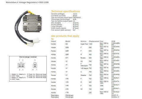 DZE REGULATOR NAPIĘCIA HONDA CBR 600F '87-'90; CB 1300 '98-'02; NTV 650 REVERE '88-'97; VF 700/750 '07-'03; VFR 400/750 '86-'88 