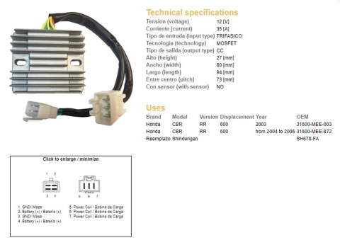DZE REGULATOR NAPIĘCIA HONDA CBR 600RR '03-'06 (SH678-FA) (31600-MEE-872)