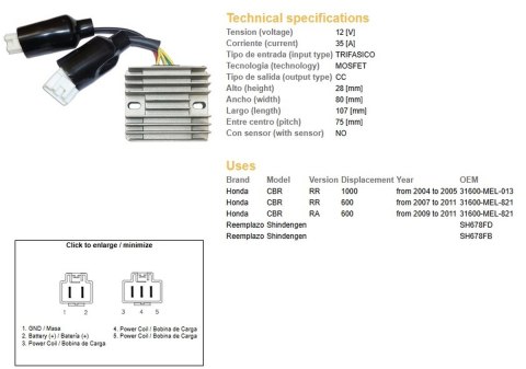 DZE REGULATOR NAPIĘCIA HONDA CBR 600RR '07-'11; CBR 1000RR '04-'05 (31600-MEL-821) (ESR439) (SH678FD; SH678FB)