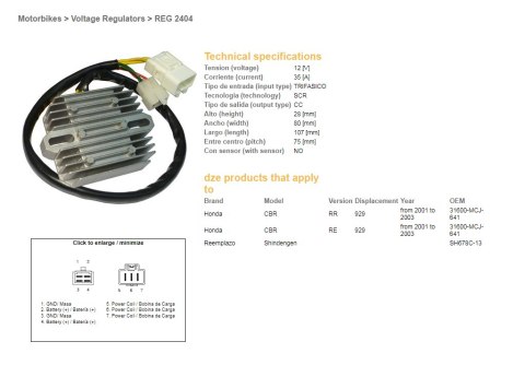 DZE REGULATOR NAPIĘCIA HONDA CBR 900RR (929) '00-'03 (SH678C-13) (ESR436;ESR430) (31600-MCJ-641)