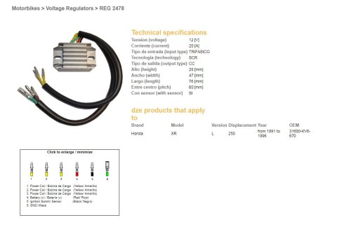 DZE REGULATOR NAPIĘCIA HONDA XR 250L '91-'96 (31600-KV6-670) (12V/20A)
